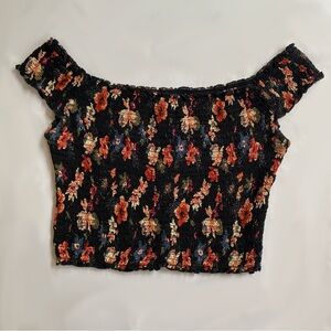 Black Floral Off Shoulder Shirred Crop Top